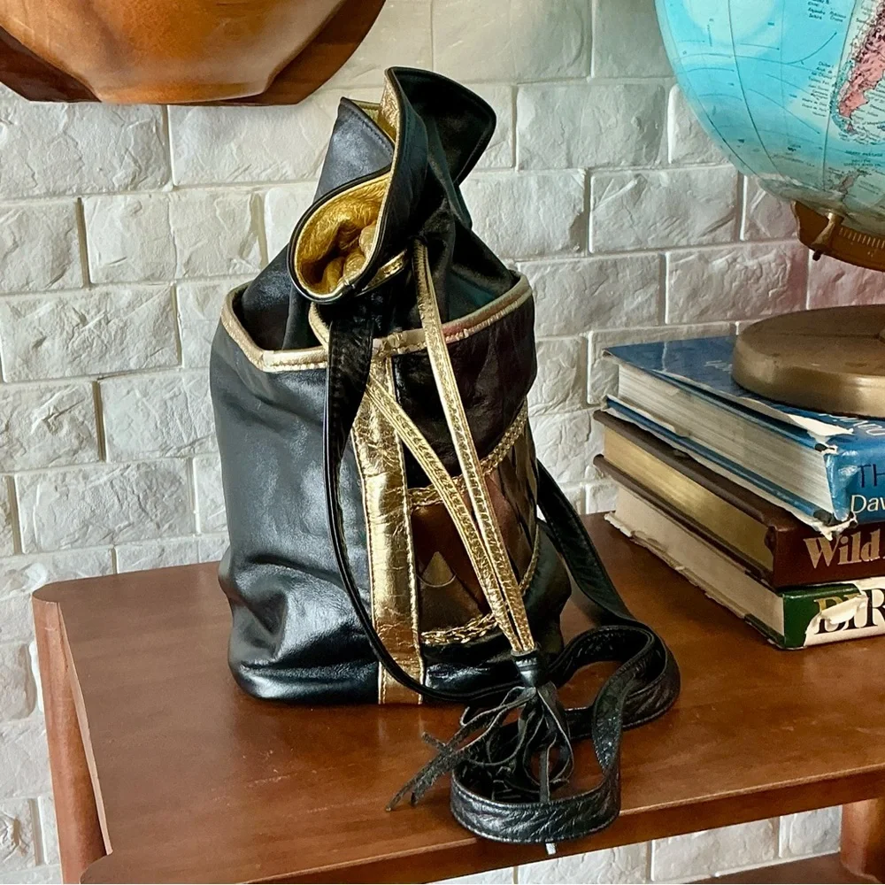 Vintage 1980s 90s Leather Drawstring Bucket Bag Woven Patchwork + Tassel Detail - Picture 6 of 13